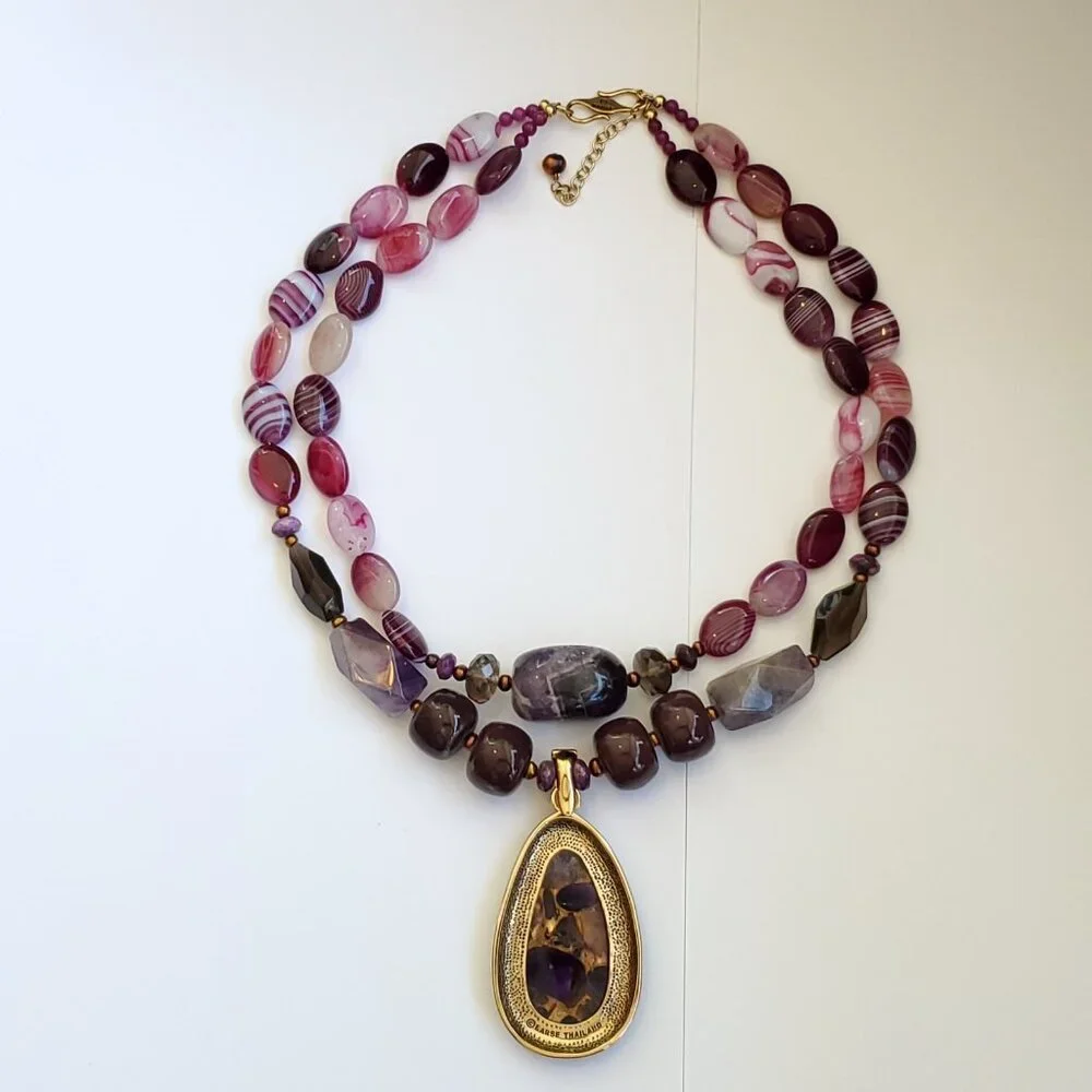 Barse Beaded Pendant Necklace Chunky Layered Purple Stone Gold Tone Statement - Picture 4 of 6